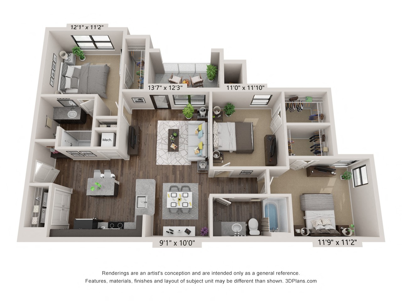 Floor plan for 3 beds, 2 baths, 1264 sqft